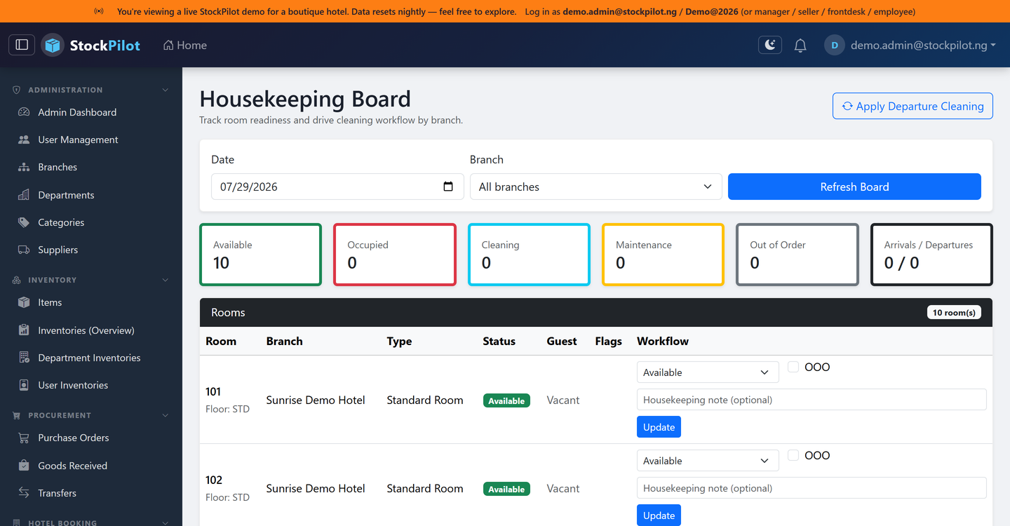 StockPilot housekeeping board, real screenshot