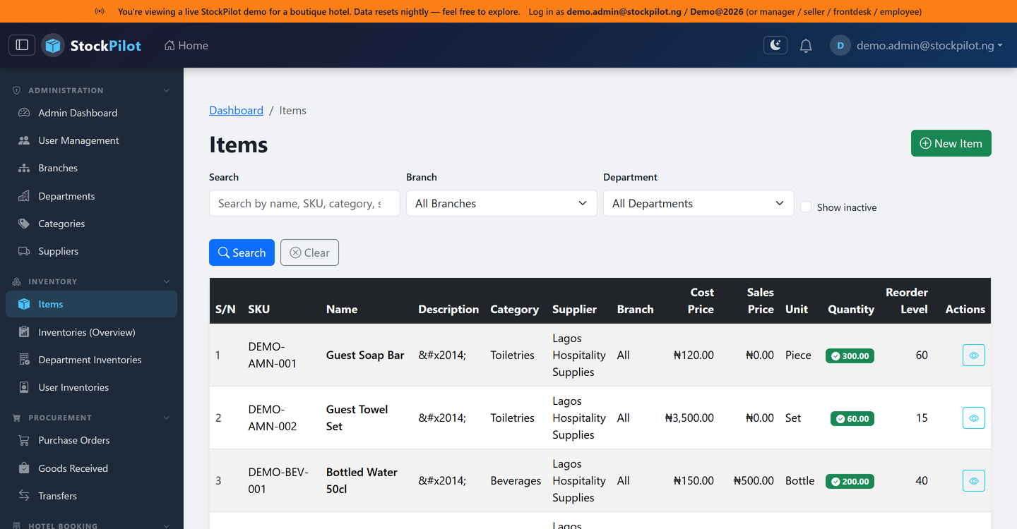 StockPilot inventory screen for a hotel, real screenshot