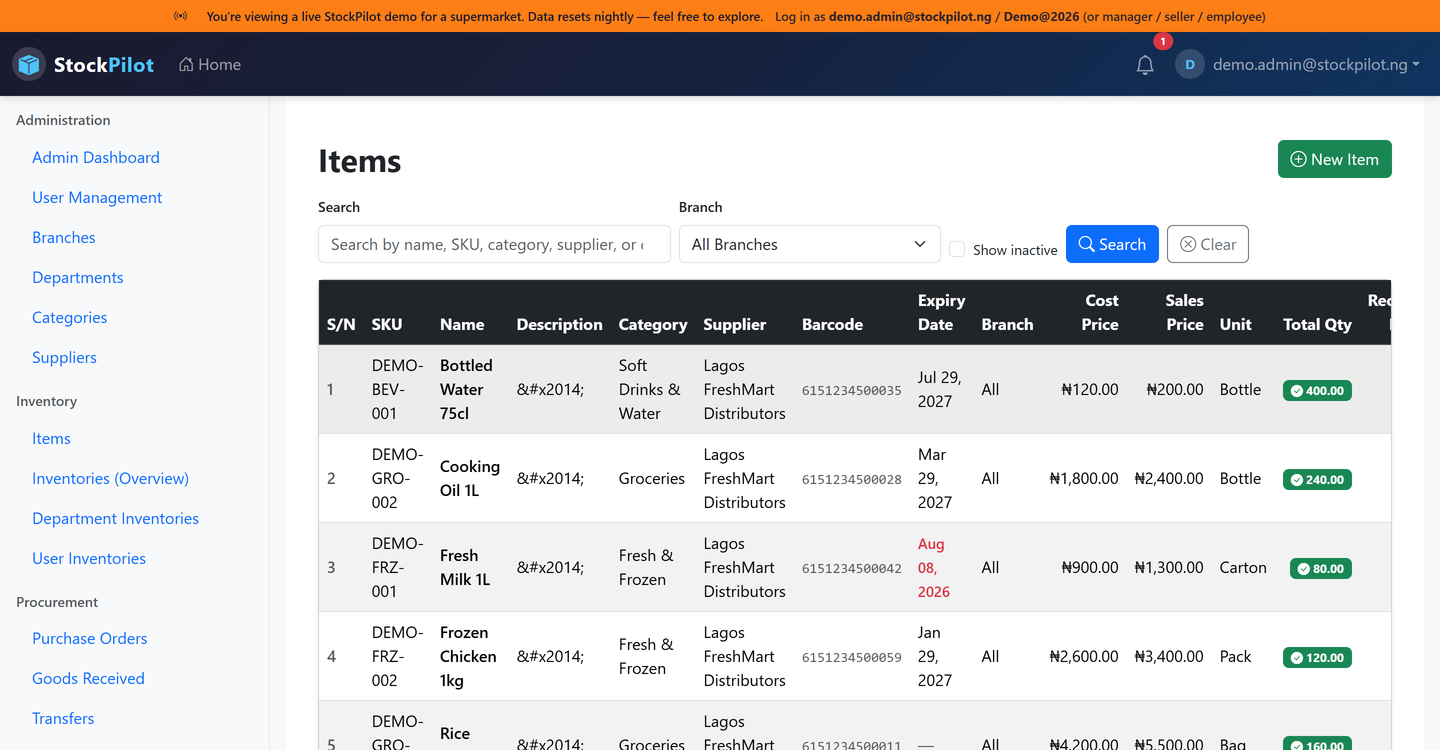 StockPilot item catalog with barcode and expiry tracking, real screenshot