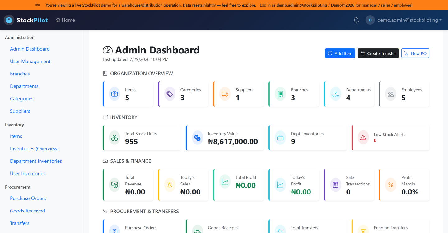 StockPilot warehouse admin dashboard, real screenshot